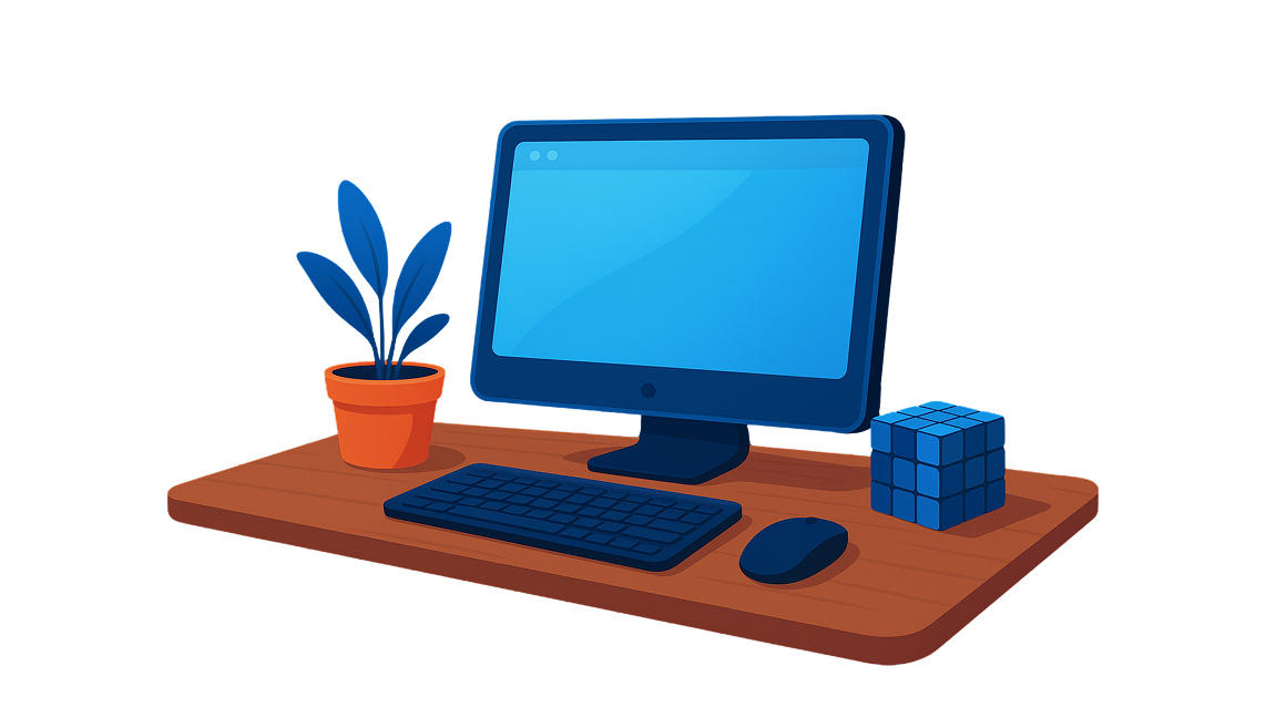 Computador com planta e cubo